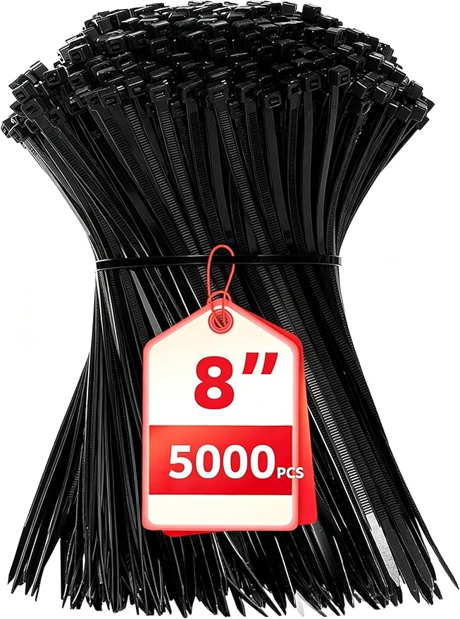 Zip Ties 8 inch, 5000 Pack Black Zip Ties, Self-Locking Nylon Cable Ties with 40 lbs Tensile Strength,Wire Ties for indoor and outdoor use.