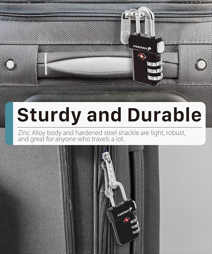 Fosmon TSA Approved Luggage Locks, Suitcase Travel Lock with Push Release Button for Extra Security, 3 Digit Combination Padlock for Gun Case Backpack Zipper Anti Theft Gym Locker - Black