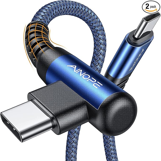AINOPE USB C Cable 60W 2-Pack 10ft Nylon Braided USB C to USB C Cable Type C Charger Fast Charging Right Angle USBC Cable Charger Cord for iPhone 16 Pro Max 15 Plus Samsung S24 S23 iPad Pro Blue