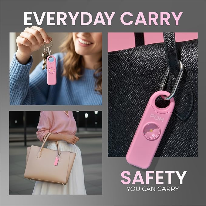 POM Personal Safety Alarm for Women – 130dB Loud Emergency Siren, USB-C Rechargeable with Bright LED Flashlight, Portable Keychain Design for Self Defense, Purse, Backpack & Travel (Pink)