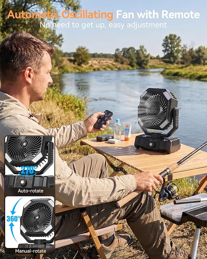 USONE Misting Fan, Portable Camping Fan Rechargeable, Battery Powered Fan for Camping with Light, Remote & Timer, Hanging Tent Fan with Hook for Outdoor fishing, Travel, Work/Summer Essential,Black
