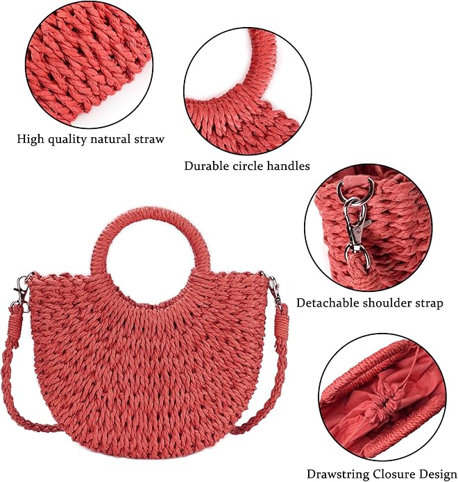 Womens Straw Beach Bag Woven Crossbody Shoulder Bags Top Handle Satchel Handbag Purse for Summer