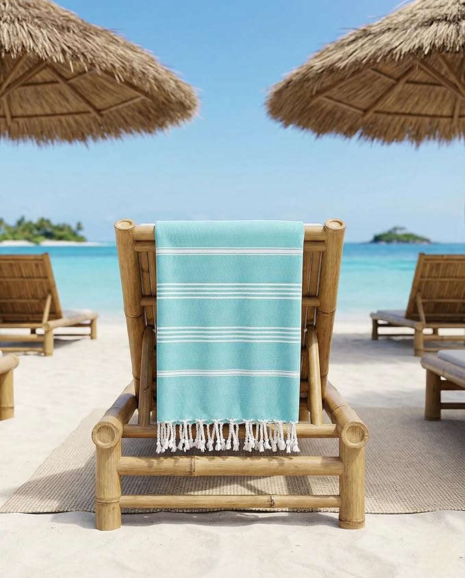 Cotton Turkish Beach Towel with Towels Oversized 36"x72" Pool Absorbent Extra Large Quick Dry Sand Travel Towel (Aqua Satin, 2 Pack)