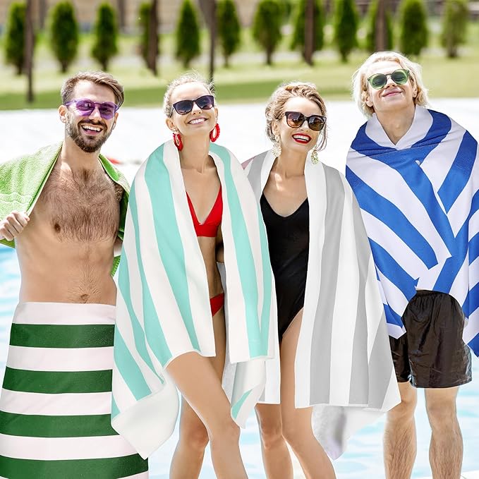 EBOOT 10 Pack Oversized Beach Towel Set Extra Large Pool Towels Microfiber Quick Dry Swim Blanket for Adult Women Men Face Hand Body Bath Travel Pool(Plain Color,28 x 59 Inch,Cabana Stripe)