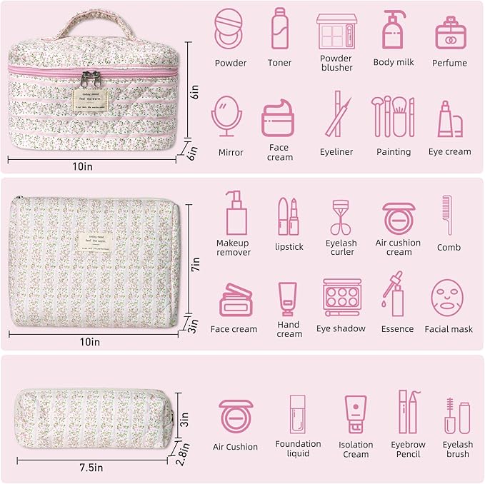 Gosect Makeup Bag Set, Portable Travel Make up Bag, Large Capacity Quilted Cosmetic Organizer Bag, Cute Floral Toiletry Bag for Women Girls (Pink Flower)