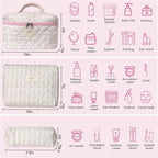 Gosect Makeup Bag Set, Portable Travel Make up Bag, Large Capacity Quilted Cosmetic Organizer Bag, Cute Floral Toiletry Bag for Women Girls (Pink Flower)
