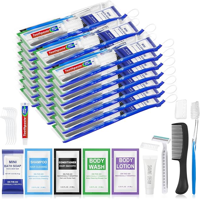 Personal Hygiene Kit Bulk Pack of 30,Individually Wrapped 13-IN-1 Blue Disposable Basic Travel Toiletry Set Homeless Care Package Supplies for Men,Women,Guests,Charity