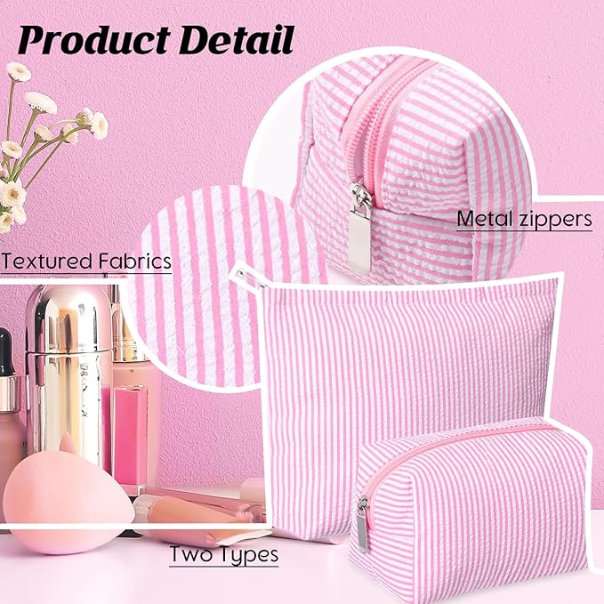 Huhumy 2 Pcs Makeup Bag Set Cute Cosmetic Pouch for Women Seersucker Travel Toiletry Bag Preppy Small Makeup Purse Pouch Aesthetic Skincare Brushes Storage Organizer for Valentine Women(Pink)