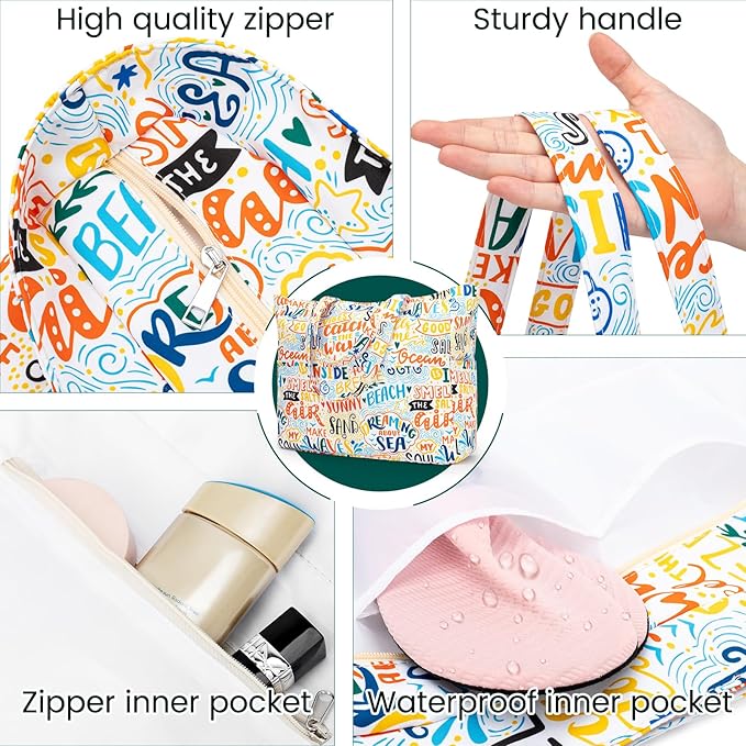 Iioscre Beach Bag for Women, Causal Hobo Pool Bags with Zipper Inner Pocket, Foldable Swim Tote Bag for Vacation Essentials