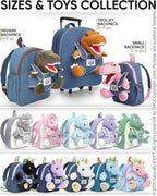 【Upgraded】Toddler Luggage for Boys w Removable Dinosaur Toy | Side & Inner Pockets, Reflective Logo, Name Tag | Kids Rolling Backpack | Travel & Birthday Gifts for 3 4 5 6 Year Old