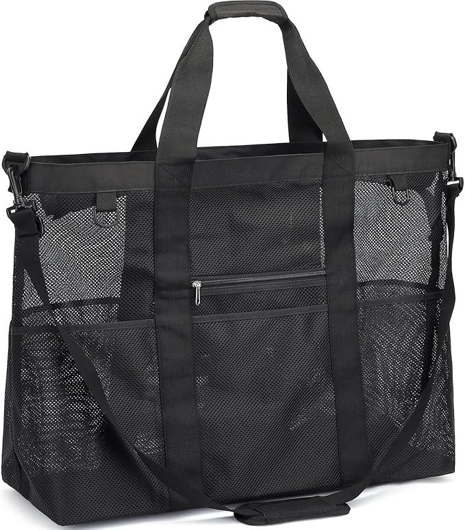 Fammart Mesh Beach Bag with Zipper, Large Beach Tote for Women, Toys Pool Swim Bag Travel Vacation Cruise Essentials