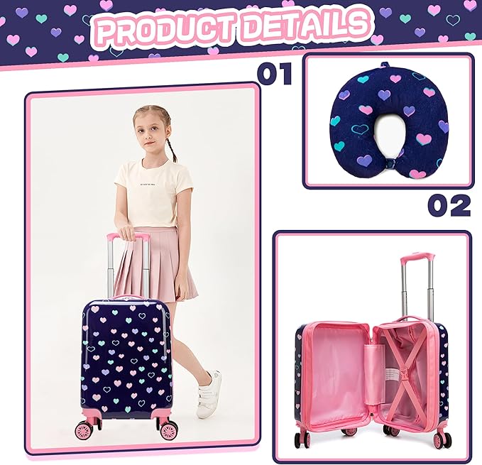 Kid’s Luggage Set 5 Piece Suitcase Set 16’’ Hardside Luggage with Spinner Wheels Girls Carry on Toddler Travel Rolling Suitcase Carry on Luggage Airline Approved