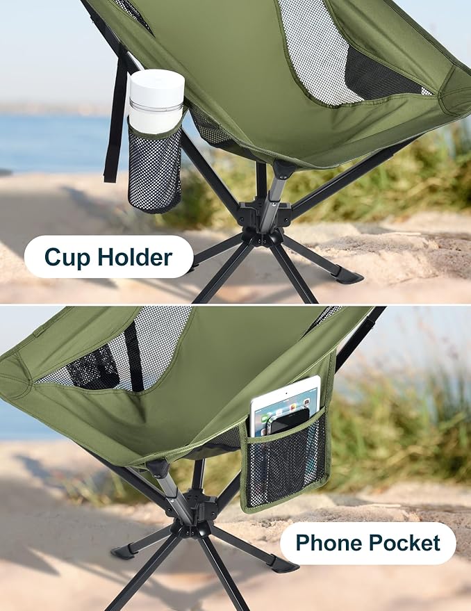 Docusvect Swivel Portable Camping Chair for Adults, Fast Setup, Lightweight & Small Folding Chair with Cup Holder, Side Pocket and Carry Bag - Support 330 LBS