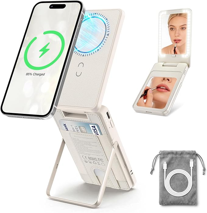 5-in-1 Magnetic Power Bank, 5000mAh Portable Wireless Charger with Mirror, Stand, Bluetooth Remote & Card Holder, MagSafe Compatible Travel Essential for iPhone & Samsung, USB-C Cable Included, Khaki