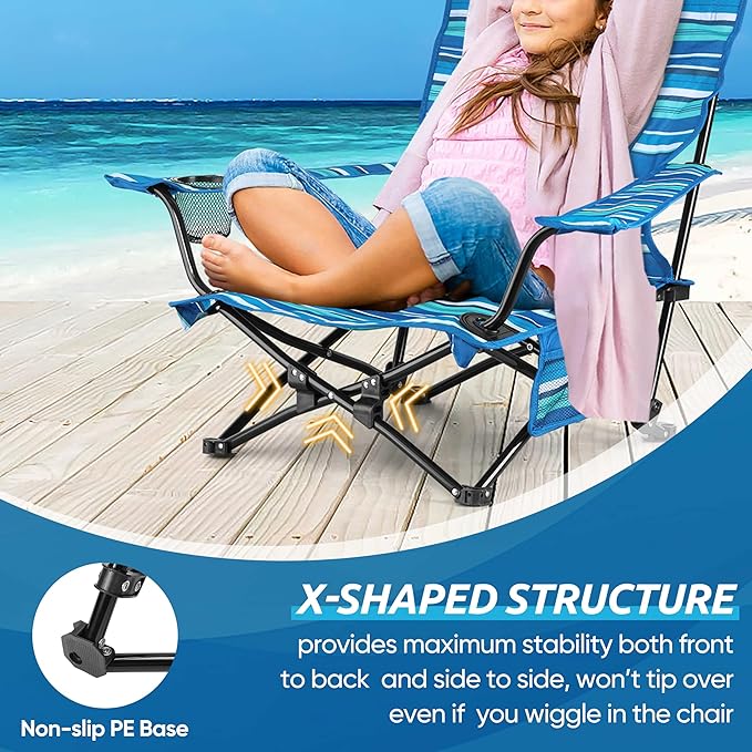 HaSteeL Folding Beach Chair Set of 2, Foldable Striped Camping Chairs for Outside, Low Beach Chair Portable for Adults Fishing, Picnic, Outdoor BBQ, Travel, Sports, Cup Holder & Storage Bag