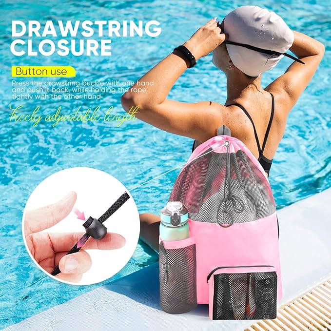 HOHOM Swim Mesh Beach Bag, Waterproof Gym Bags for Women and Men, Large Pool Bag Swimming Gear Drawstring Backpack