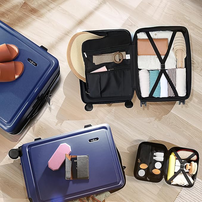 TRAVELARIM Navy Hardshell Luggage Sets 4 Piece, Durable Suitcase Set, Travel Luggage Set with Integrated TSA Lock, 360° Spinner Wheels, Expandable Medium and Large Checked Suitcase, 20/24/28 Inch