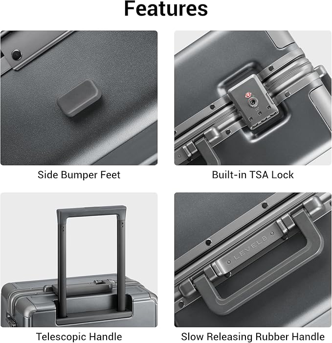 LEVEL8 Zipperless Carry On Luggage Airline Approved with Aluminum Frame, Hard Shell Suitcase with Spinner Wheels, Metal Checked Luggage, 20 Inch, Grey
