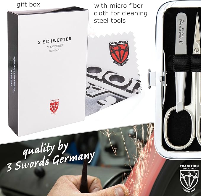 3 Swords Germany - Brand Quality 6 piece Manicure Pedicure Grooming kit Set - Scissors, Metal and Glass Nail File, Clipper, Tweezers with Synthetic Leather case - Brown