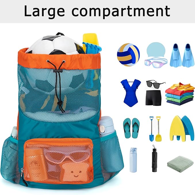 Swim Bag for Kids Mesh Beach Backpack for Boys Lightweight Drawstring Beach Bag Swimming Pool Sports Gym String Bag (Green)