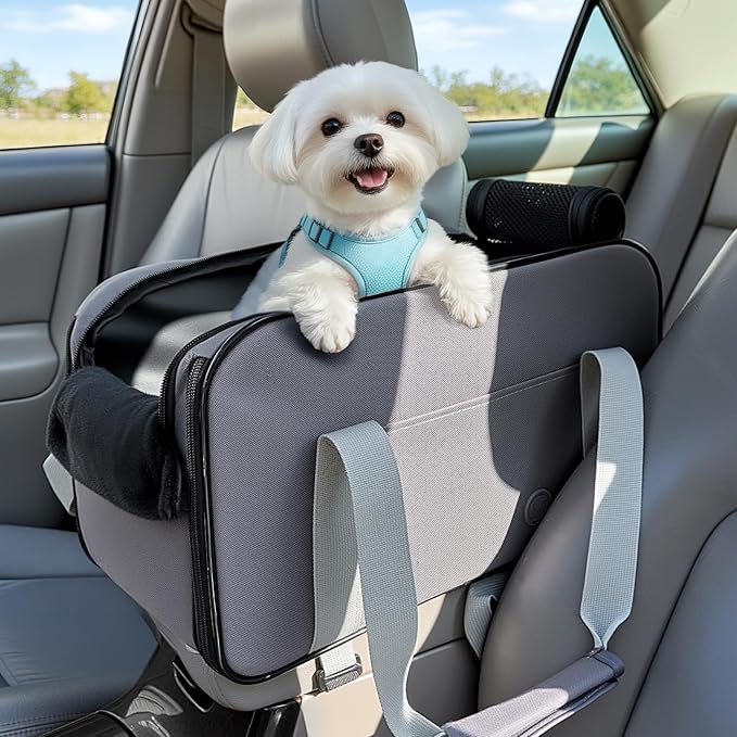 PETSFIT Multipurpose Center Console Dog Car Seat, Airline Approved Dog Car Carrier with Safety Tether and Pockets, Portable Cat Car Seat, Dog Car Seats for Small Dogs, Cats Up to 9 LBS (Deep Grey)