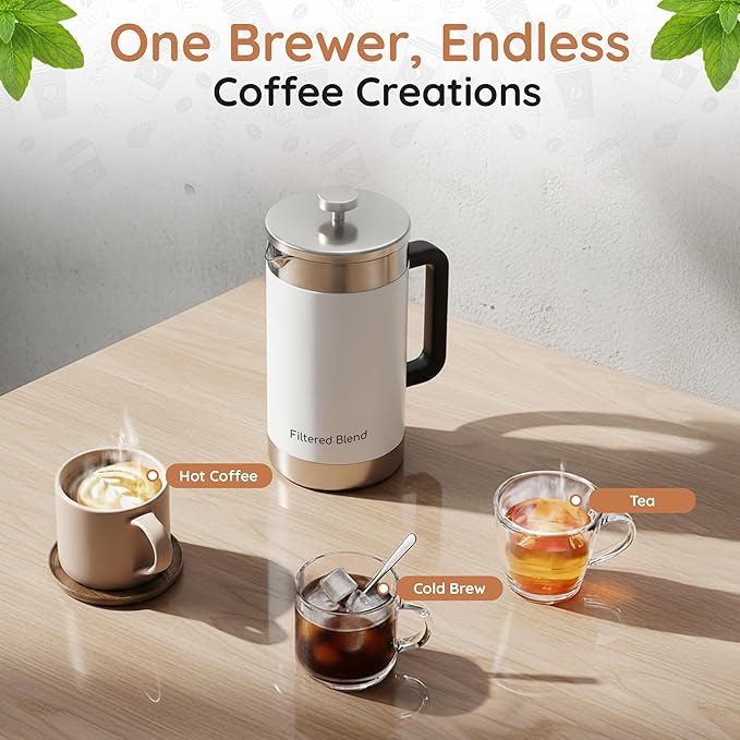 1.6L French Press Coffee Maker, 54oz Large Capacity French Press Stainless Steel Brewer with Double Filter Mesh for Kitchen Travel Camping, Hot & Cold Brew Coffee Maker Gifts (White)