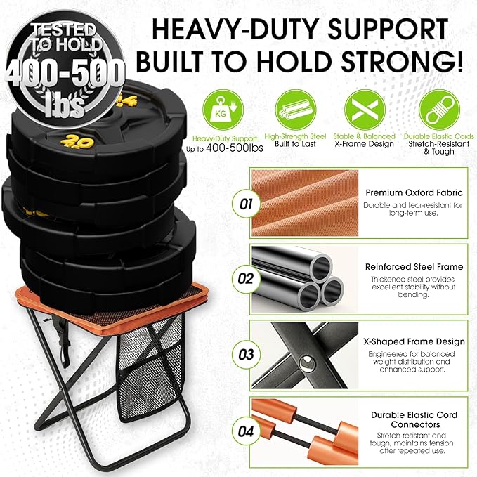 CAMDOOR Portable Collapsible Stool, 16″Folding Stool with 3 Side Pockets and Shoulder Strap, Extra Large Camping Chair Supports 400 lbs, Ultralight Portable Seat for Outdoor, Hiking, Fishing (Orange)
