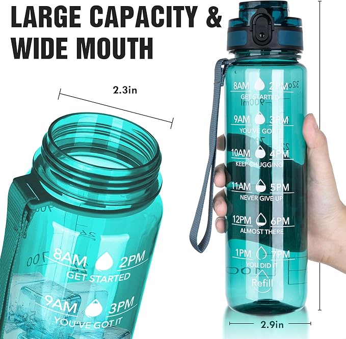OLDLEY Water Bottle, 32oz Motivational Sports Water Bottle with Time Marker - Times to Drink - Tritan, BPA Free, Wide Mouth Leakproof, Anniversary Birthday Gifts for Men Women, Deep Sea (1 Bottle)