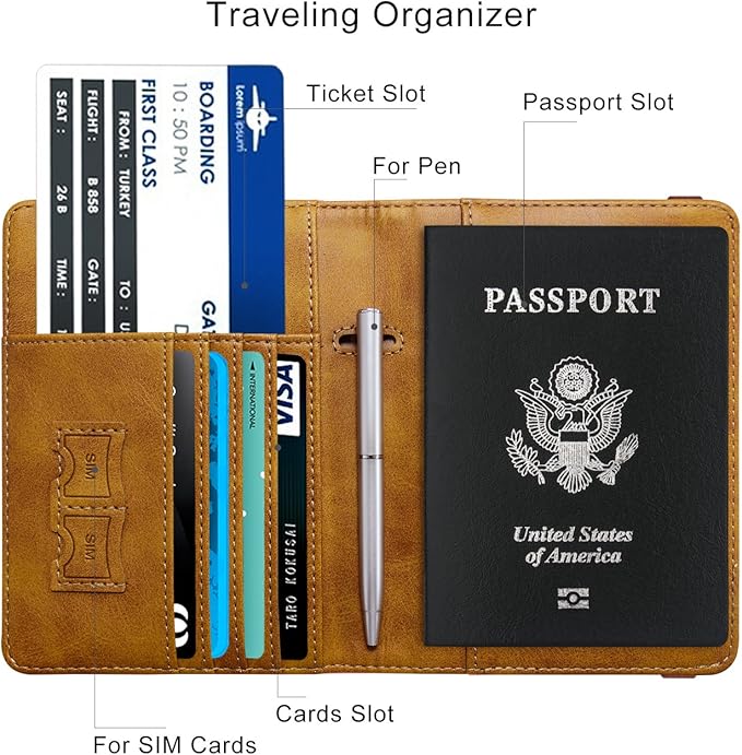 WALNEW Passport Holder for Travel, RFID Passport Cover Wallet for Women Men, PU Leather Passport Book Card Holder Case with Pen, Travelling Essentials for Flying