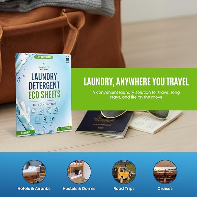 Eco-Friendly Travel Size Laundry Detergent Sheets - 10 Loads Ultra Concentrated, Stain-Fighting Enzymes & Plant Powered, Compact Washer Sheets, Pocket Friendly, Hot/Cold Cycles, Tough on Stains & Odor