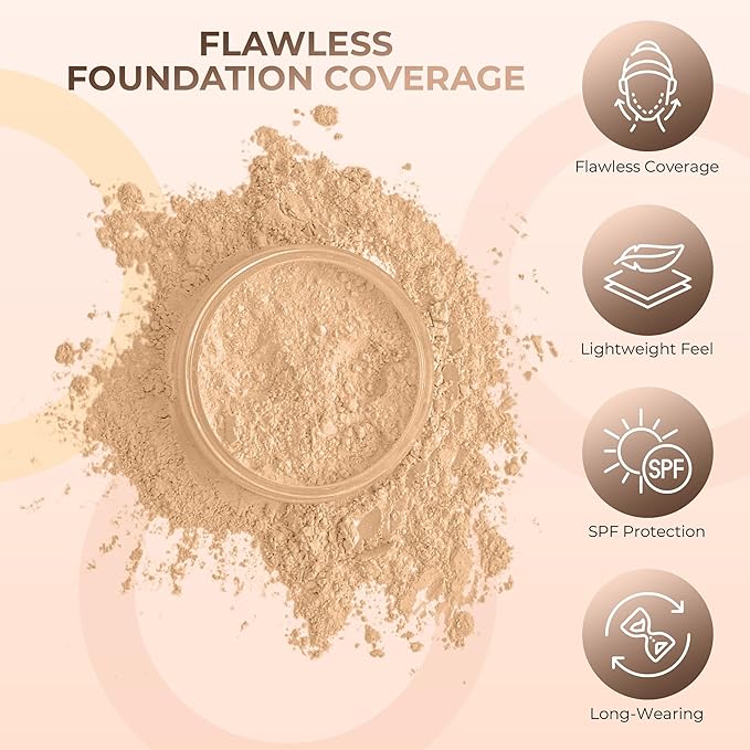 4pc (WARM Neutral Shade-Most Popular) KIT w/KABUKI BRUSH Mineral Makeup Matte Loose Powder Foundation Concealer Blush Long Lasting Bare Face Cosmetics
