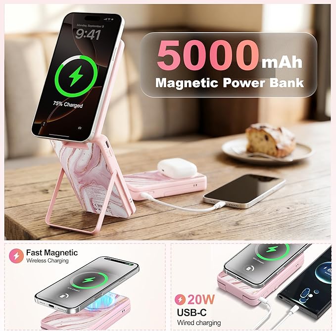 5-in-1 Magnetic Power Bank, 5000mAh Portable Wireless Charger with Mirror, Stand, Bluetooth Remote & Card Holder, MagSafe Compatible Travel Essential for iPhone & Samsung, USB-C Cable Included