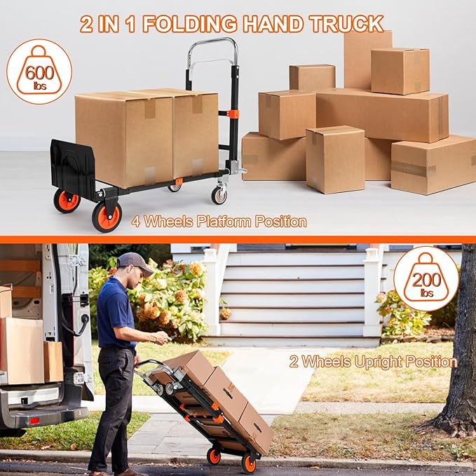 3-in-1 Aluminum Hand Truck Dolly, 660 lbs Heavy Duty Folding Trolley with Universal Wheels, Collapsible Platform Truck with Tie Down Straps for Warehouse, Supermarket, Office