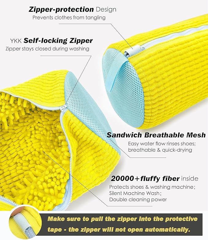 Shoe Washing Machine Bag,Laundry Shoe Bag for Washer and Dryer,Reusable Shoe Cleaning Bag for Sneakers,Tennis Shoes,With Self-locking Zipper, Microfiber Inside (Lite Yellow - 2 Pack)