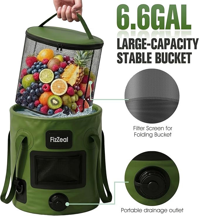 FizZeal Portable Shower for Camping, 8000mAh Rechargeable Portable Camping Shower Pump with 6.6 Gallons Foldable Bucket, 5 Speed & LED Display,Rinse Kit Portable Outdoor Camping Travel Shower Head