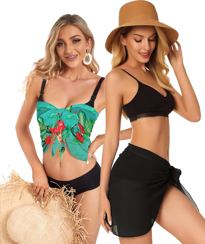 CHICGAL 2 Pieces Women Beach Sarong Bathing Suit Wrap Skirt Sheer Bikini Swimsuit Cover Ups for Swimwear
