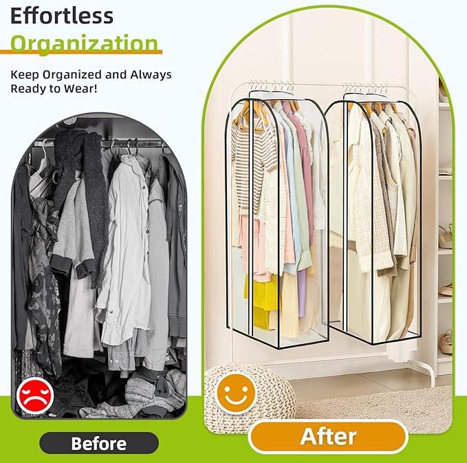 LANDNEOO 2 Pack Clear Garment Bags for Hanging Clothes with Zippers on Double Sides - 10'' Clothes Storage for Coat, Dress, and Fur in Closet - 40'' Long Suit Bags