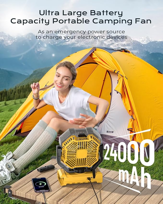 Misting Fan, Portable Camping Fans with 9oz Water Tank, 24000mAh Rechargeable Fan with 4 Speed, Battery Powered Fans with 120H Cooling, Last 5H Mists, 2 Mist Modes, Light, Outside/Summer Essential