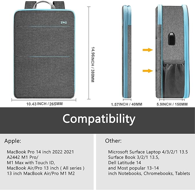ZINZ Slim & Expandable Laptop Backpack Water Resistant Backpack Travel Backpack Compatible with MacBook Air/Pro/Neo 13-14 inch, XPS 13/14, Surface 13.5" and Most 13-14 Notebooks，G01BL01