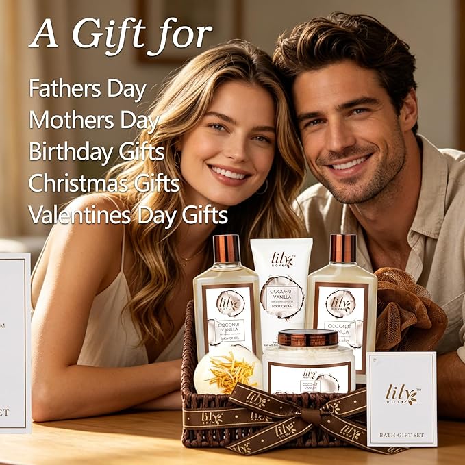 Gifts for Women and Men, Mothers Day Gift Basket for Mom, Bath and Body Gift Basket Set - 7Pcs Coconut Vanilla Spa Gift Basket Set | Christmas, Birthday, Gifts for Mom, Gift for Mom and Dad