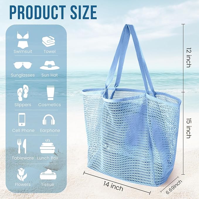 HOHOM Beach Bags for Women, Summer Travel Mesh Tote Bag with Large Inner Pocket, Sandproof Woven Shoulder Handbag