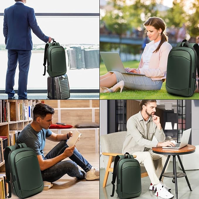 Business Backpack 17 Inch Slim Expandable Waterproof Travel Laptop Backpacks with USB Charger Port Anti-Theft Lightweight Large Work Computer Bag College Laptop Backpacks Gifts for Men Women, Green