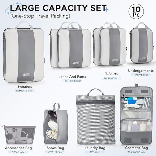 10 Set Compression Packing Cubes for Travel Essentials,Compressible Expandable Packing Cubes for Suitcase,OlarHike Luggage Organizer Bags for Travel,Handy Helper for Organizing Clothes(Gray)