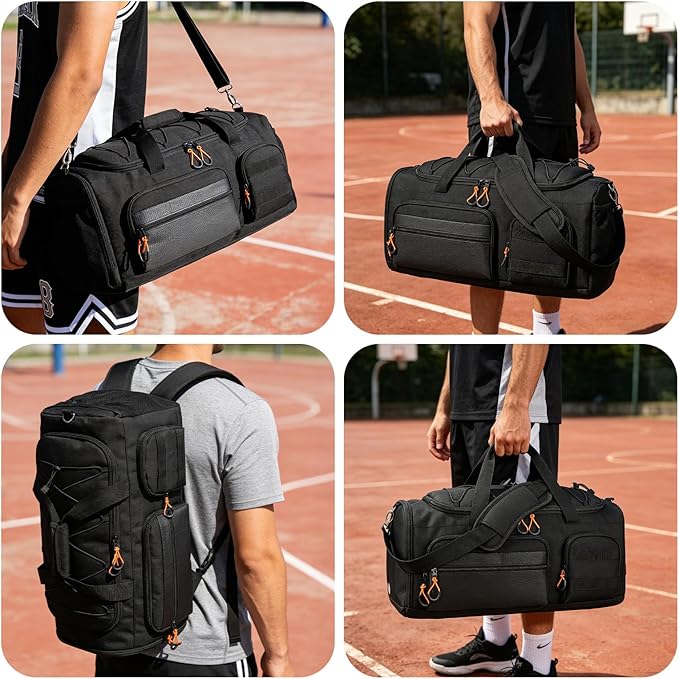 Searock 45L Gym Bag for Men, 3-In-1 Duffle Bag Backpack for Travel, Sports Duffel Bags for Gym Workout, Weekender Overnight Bag with Shoe Compartment, Wet Pocket, Black