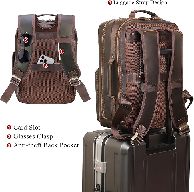 TIDING 17.3" Full Grain Leather Laptop Backpack for Men Multi Pockets Casual Daypack Business Travel Rucksack