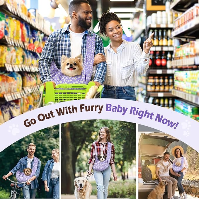 Pawaboo Small Dog Sling Carrier, Reversible Hands Free Dog Sling Carriers for Small Dogs and Cats, Puppy Slings Carrier with Safety Harness, Puppy Essentials, Purple Daisy