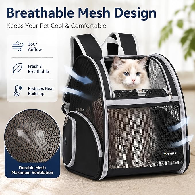 Cat Backpack Carrier for Small Dogs and Medium cat Puppy Kitten Bunny Pet Carrier Backpack Collapsible with Fully Ventilated Mesh with Safety Leash (Black, 12.9" L x 10.62" W x 15.5" H - M)