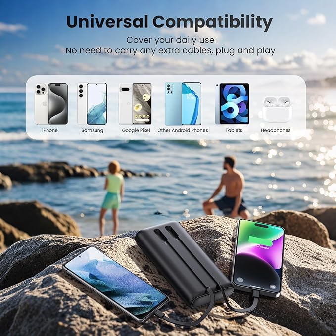 Ekrist Upgraded Portable Charger 40800mAh Power Bank - Portable Battery with 2 Built in Cables,PD 25W USB C Fast Charging Battery Pack Compatible with iPhone 17 16 15 14 13 Android Phone etc-Black