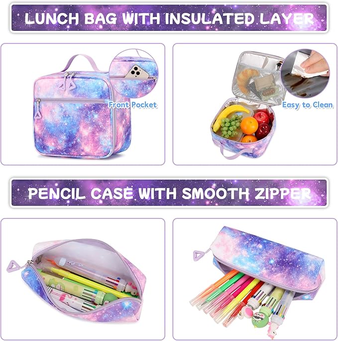 PIG PIG GIRL Backpack for Girls 3pcs Set Kids Backpack with Lunch Box Students Kawaii Book Bag for Elementary Primary Middle School Bags - Ita Backpack - Galaxy