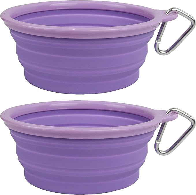 Collapsible Silicone Water Travel Bowl with Clip for Dog and Cat, Portable and Durable Pop-up Feeder for Convenient On-The-go Feeding – Size: Large (5 Cups) Purple – 2 Pack
